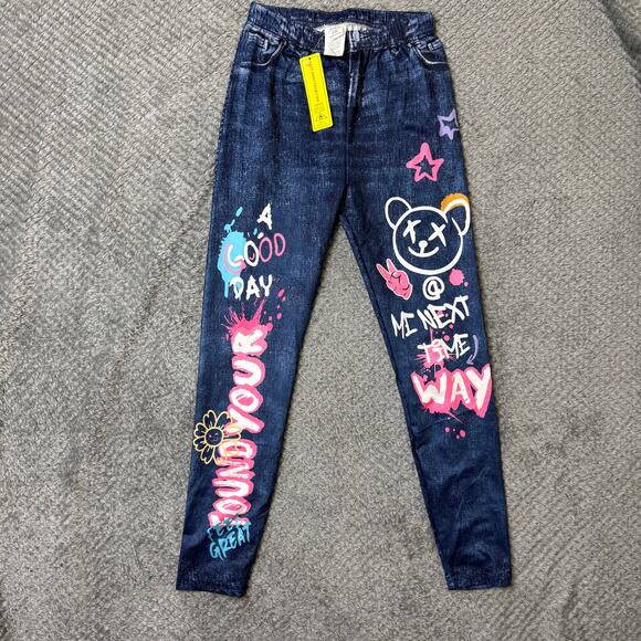 NWT SHEIN Tween Girls Graphic Leggings Pants 8-9Y Denim Blue Cotton Stretch - Picture 1 of 5